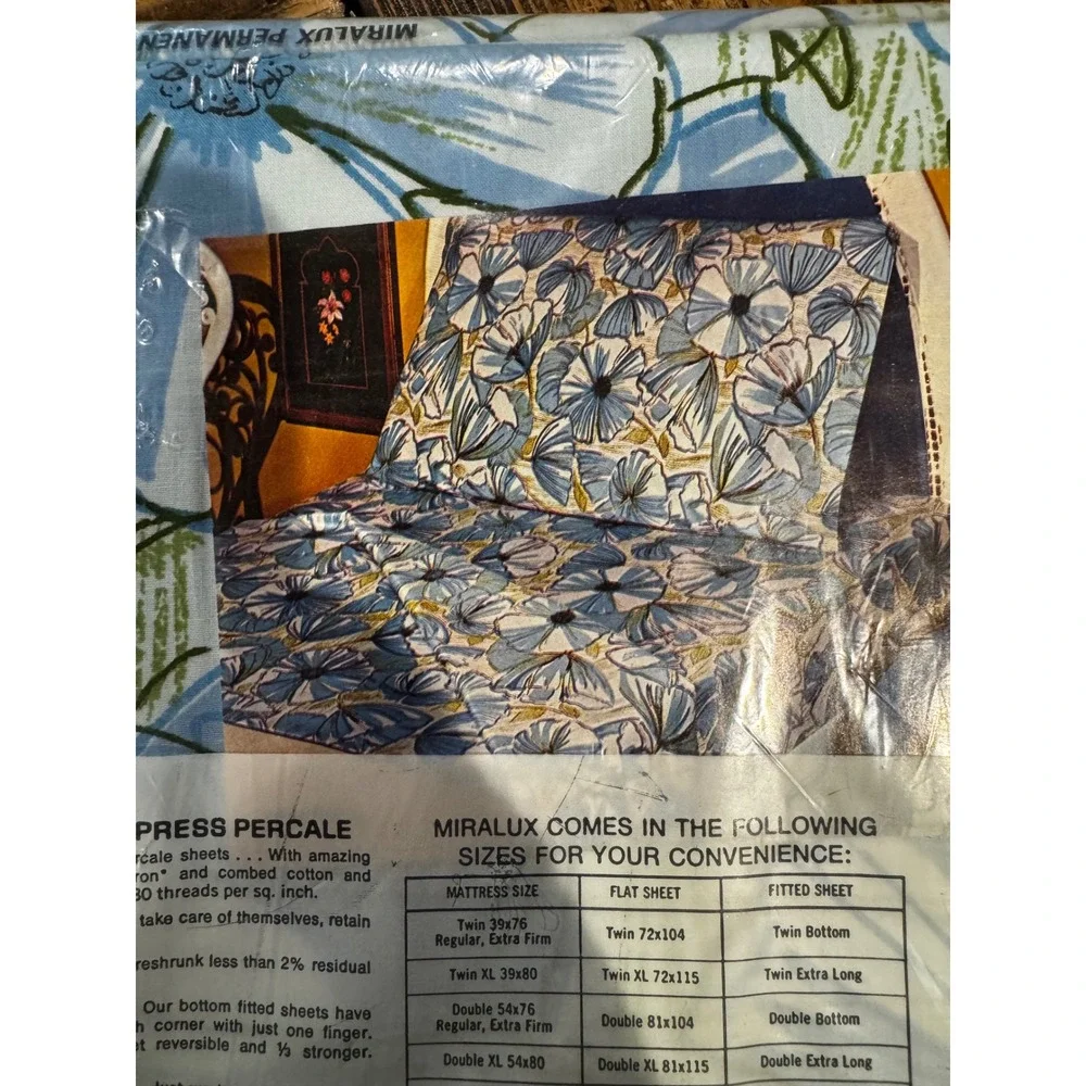 Lady Pepperell Flat Sheet Twin Blue Floral NOS Vintage Percale MCM 72x104